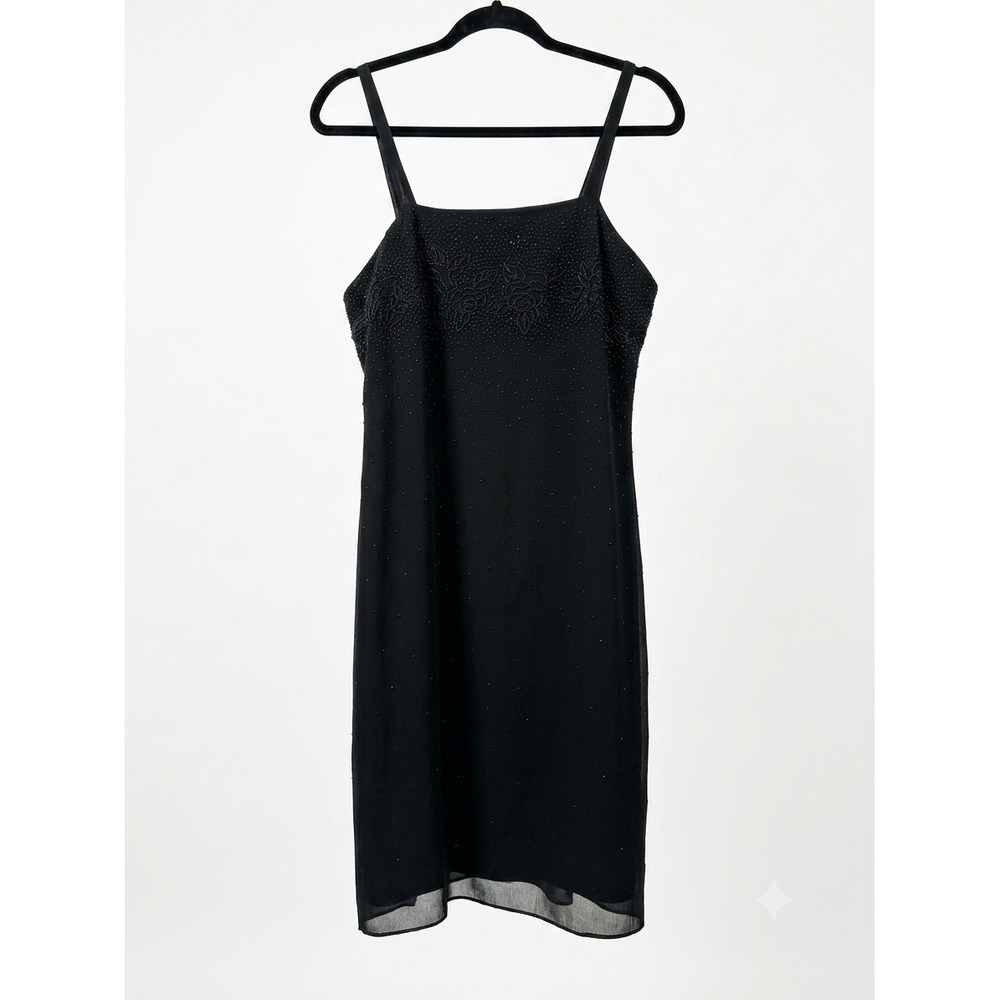 Sally USA Vintage‎ Black Beaded Sequin Floral Shift Dress Spaghetti Strap Large